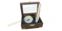 Sea - Club Marine Set aus Kompass   7,5 cm  und Teleskop Lnge 15 cm, Messing  in der Holzbox mit Glasdeckel