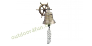 Sea - Club Glocke mit Steuerrad-Wandhalterung aus Messing antik  mit Bndsel,  5,5 cm