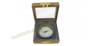 Sea - Club Sonnenuhr-Kompass aus Messing antik in einer Holzbox mit Glasdeckel,  5,5 cm